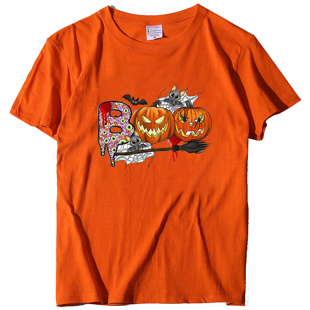 Cartoon Halloween Pumpkin Print Cross-Border Spring and Summer New Spot Multi-Color Cvc Pull-Up 180g Round Neck Short Sleeves