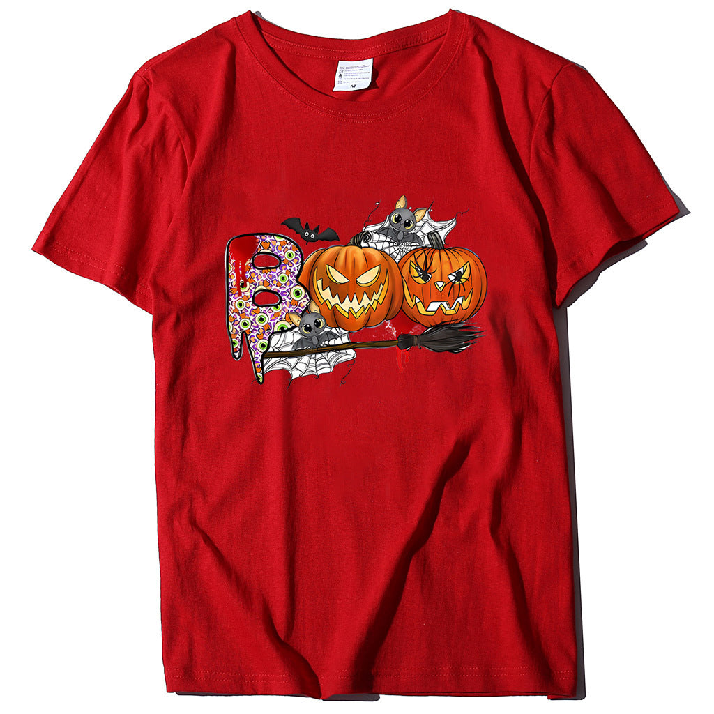 Cartoon Halloween Pumpkin Print Cross-Border Spring and Summer New Spot Multi-Color Cvc Pull-Up 180g Round Neck Short Sleeves