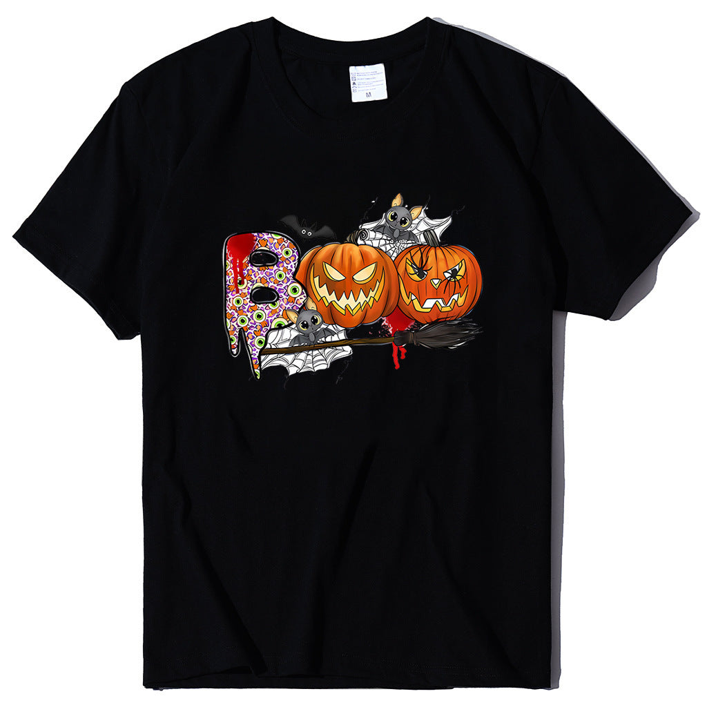 Cartoon Halloween Pumpkin Print Cross-Border Spring and Summer New Spot Multi-Color Cvc Pull-Up 180g Round Neck Short Sleeves
