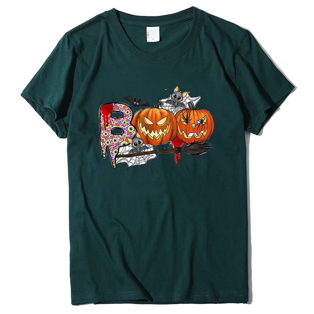Cartoon Halloween Pumpkin Print Cross-Border Spring and Summer New Spot Multi-Color Cvc Pull-Up 180g Round Neck Short Sleeves