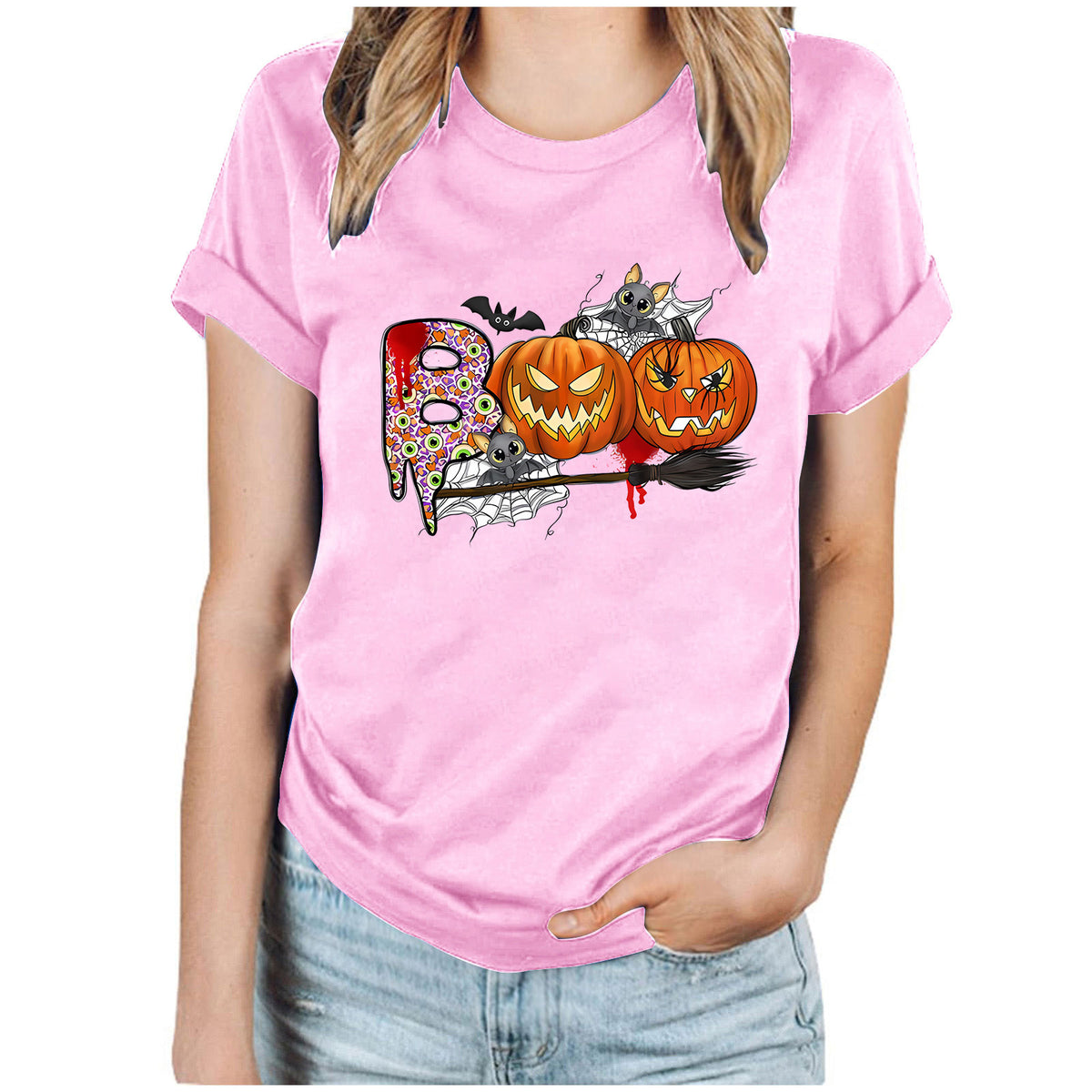 Cartoon Halloween Pumpkin Print Cross-Border Spring and Summer New Spot Multi-Color Cvc Pull-Up 180g Round Neck Short Sleeves