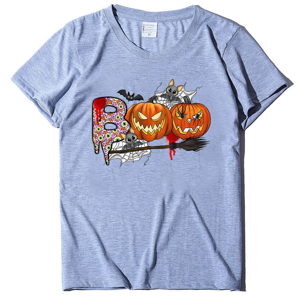 Cartoon Halloween Pumpkin Print Cross-Border Spring and Summer New Spot Multi-Color Cvc Pull-Up 180g Round Neck Short Sleeves