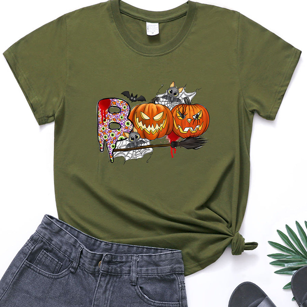 Cartoon Halloween Pumpkin Print Cross-Border Spring and Summer New Spot Multi-Color Cvc Pull-Up 180g Round Neck Short Sleeves