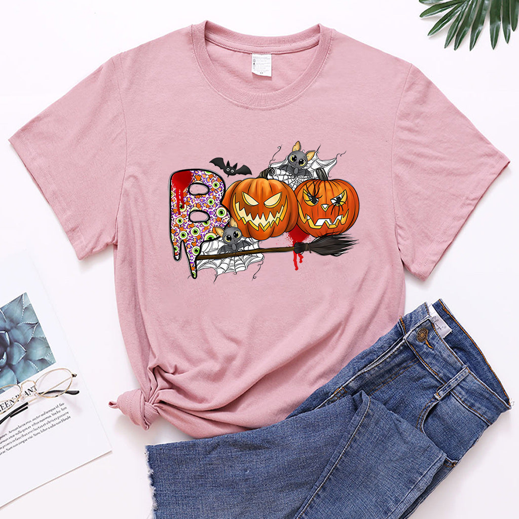 Cartoon Halloween Pumpkin Print Cross-Border Spring and Summer New Spot Multi-Color Cvc Pull-Up 180g Round Neck Short Sleeves