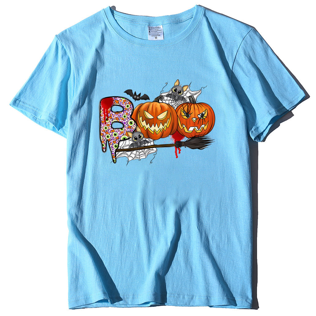 Cartoon Halloween Pumpkin Print Cross-Border Spring and Summer New Spot Multi-Color Cvc Pull-Up 180g Round Neck Short Sleeves