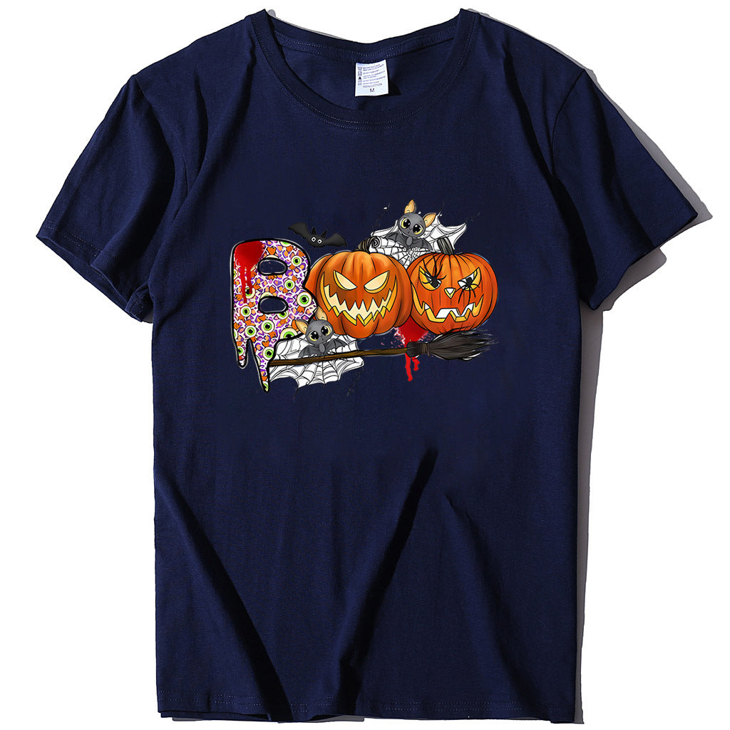 Cartoon Halloween Pumpkin Print Cross-Border Spring and Summer New Spot Multi-Color Cvc Pull-Up 180g Round Neck Short Sleeves