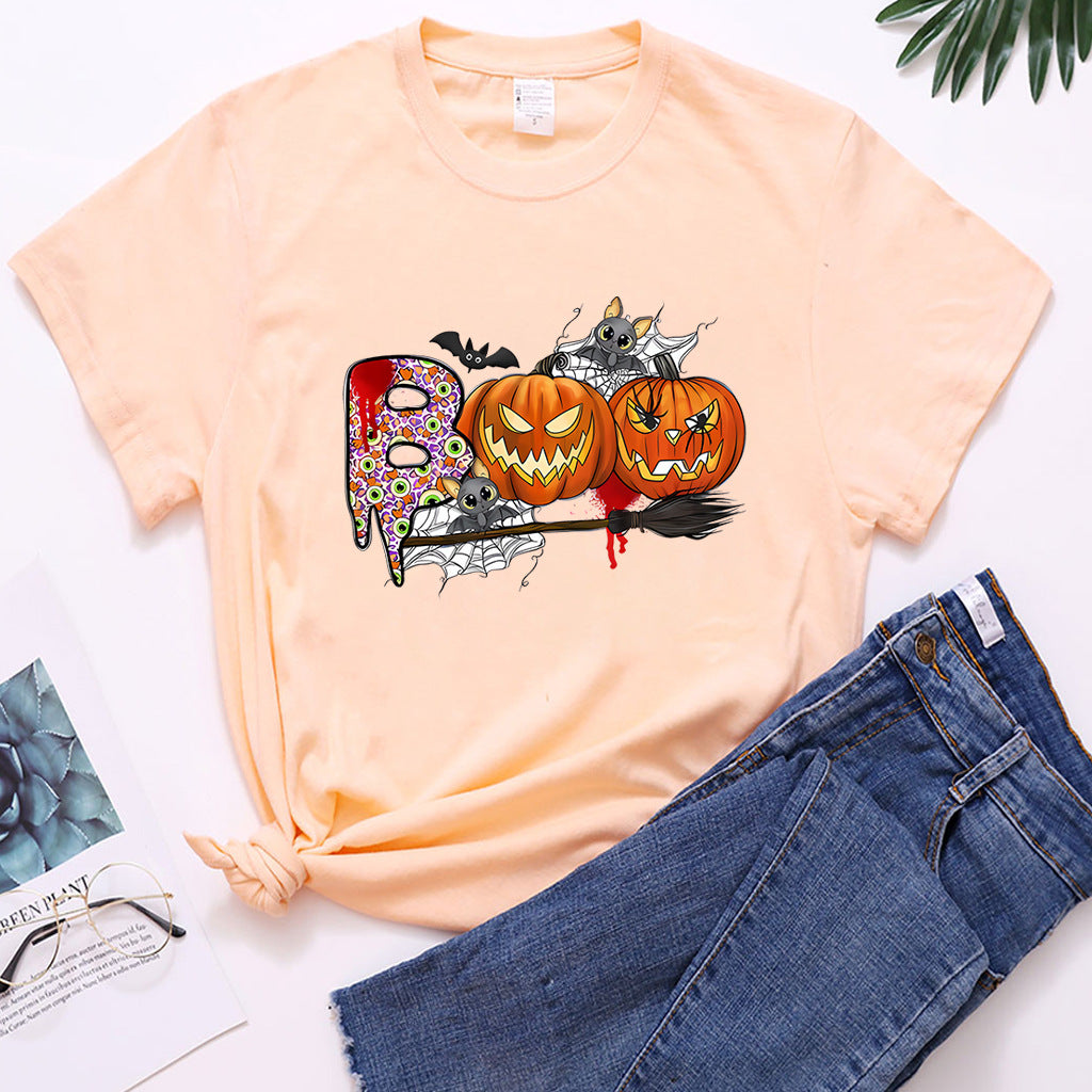 Cartoon Halloween Pumpkin Print Cross-Border Spring and Summer New Spot Multi-Color Cvc Pull-Up 180g Round Neck Short Sleeves