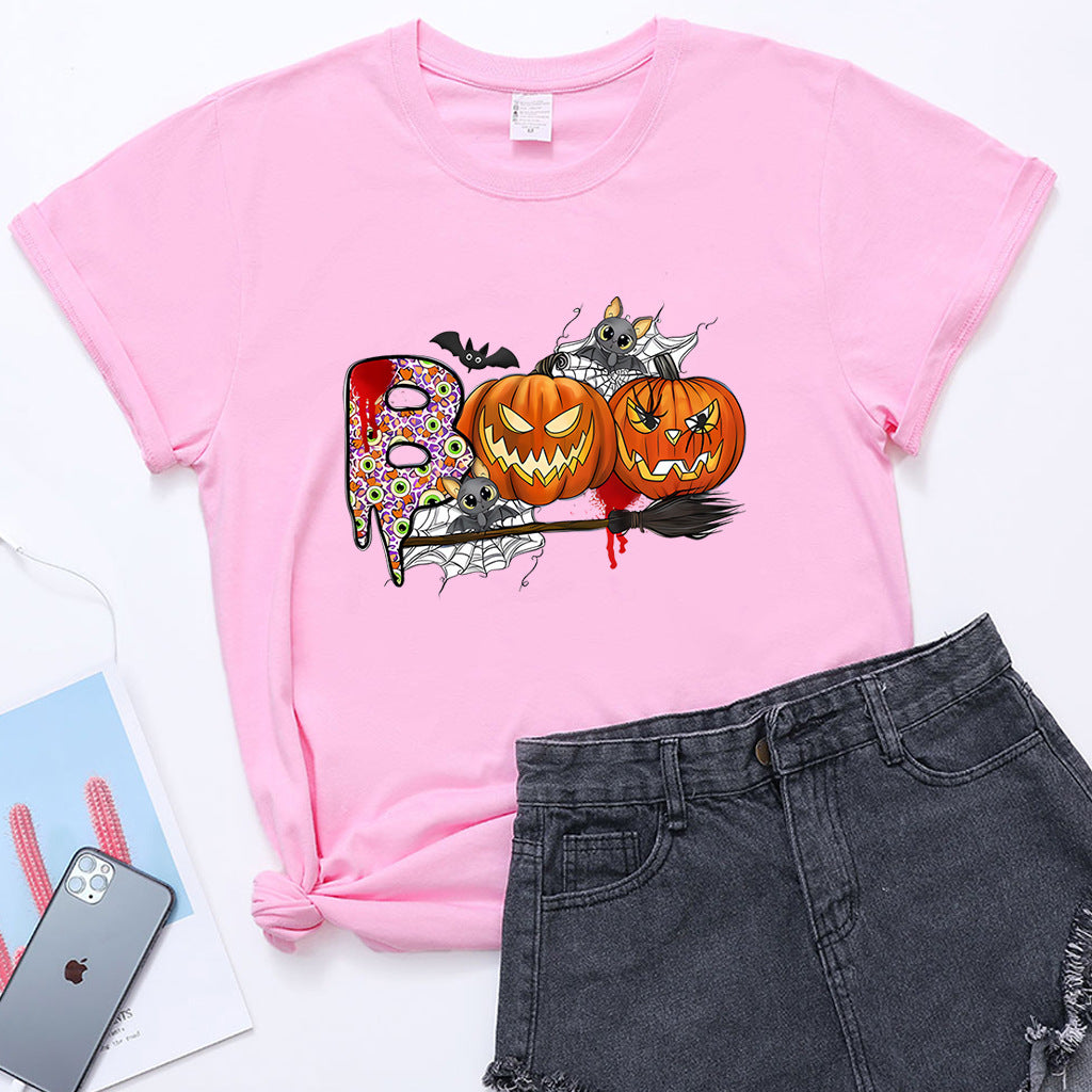 Cartoon Halloween Pumpkin Print Cross-Border Spring and Summer New Spot Multi-Color Cvc Pull-Up 180g Round Neck Short Sleeves