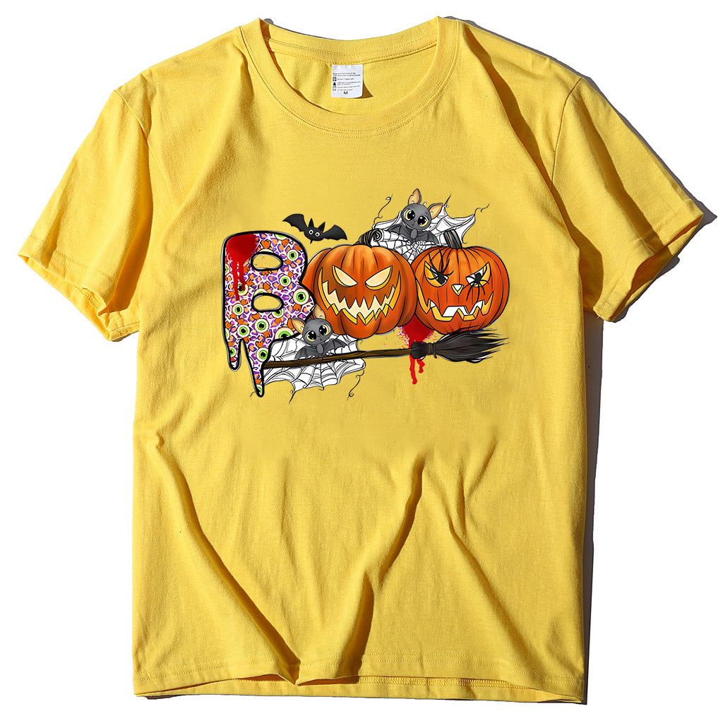Cartoon Halloween Pumpkin Print Cross-Border Spring and Summer New Spot Multi-Color Cvc Pull-Up 180g Round Neck Short Sleeves
