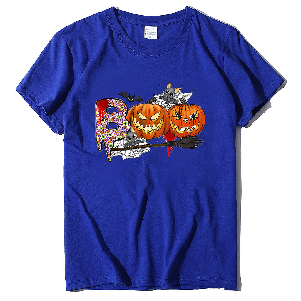 Cartoon Halloween Pumpkin Print Cross-Border Spring and Summer New Spot Multi-Color Cvc Pull-Up 180g Round Neck Short Sleeves