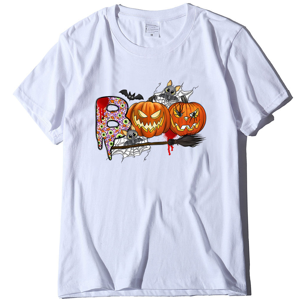 Cartoon Halloween Pumpkin Print Cross-Border Spring and Summer New Spot Multi-Color Cvc Pull-Up 180g Round Neck Short Sleeves