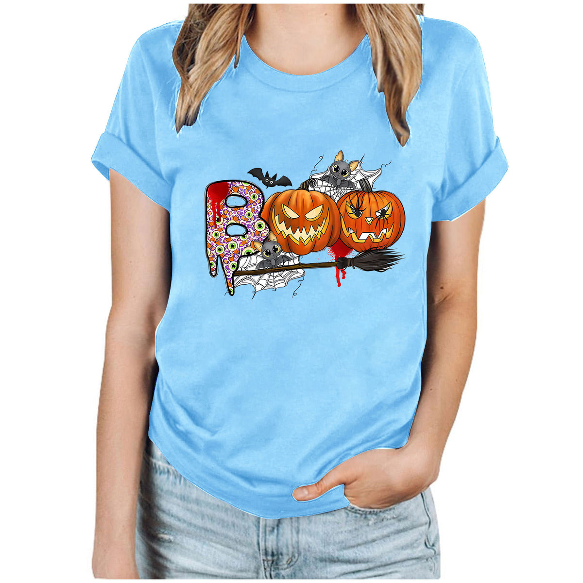 Cartoon Halloween Pumpkin Print Cross-Border Spring and Summer New Spot Multi-Color Cvc Pull-Up 180g Round Neck Short Sleeves
