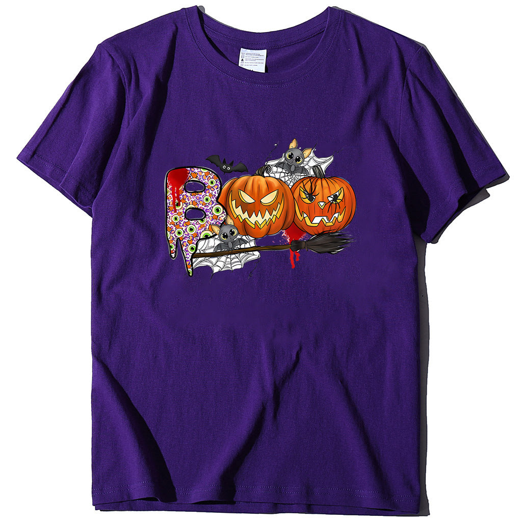 Cartoon Halloween Pumpkin Print Cross-Border Spring and Summer New Spot Multi-Color Cvc Pull-Up 180g Round Neck Short Sleeves