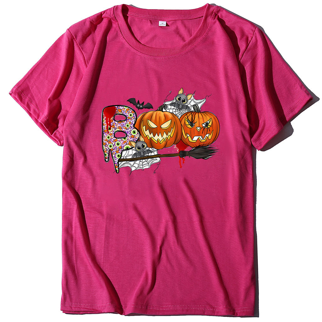 Cartoon Halloween Pumpkin Print Cross-Border Spring and Summer New Spot Multi-Color Cvc Pull-Up 180g Round Neck Short Sleeves
