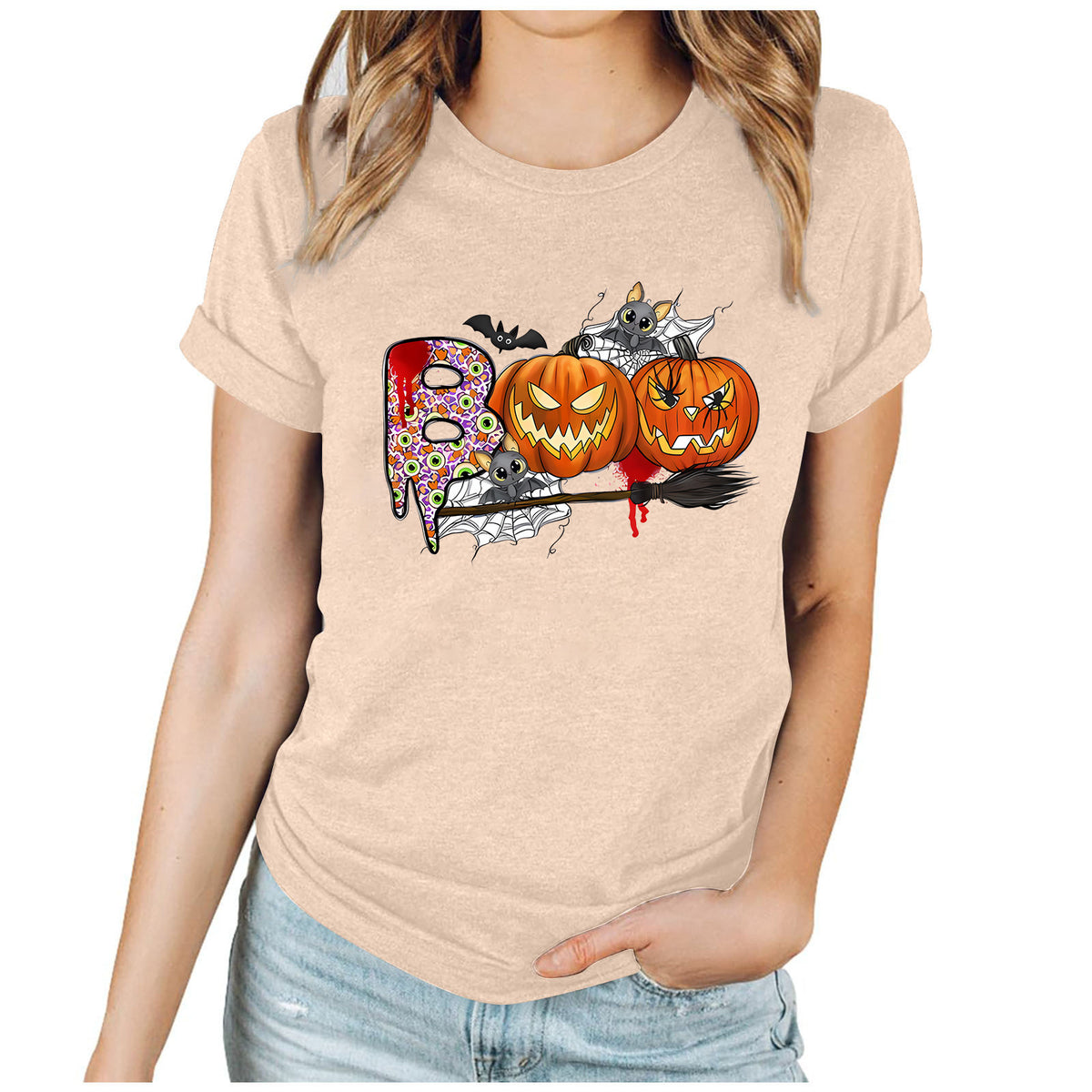 Cartoon Halloween Pumpkin Print Cross-Border Spring and Summer New Spot Multi-Color Cvc Pull-Up 180g Round Neck Short Sleeves