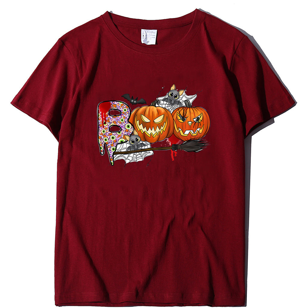 Cartoon Halloween Pumpkin Print Cross-Border Spring and Summer New Spot Multi-Color Cvc Pull-Up 180g Round Neck Short Sleeves