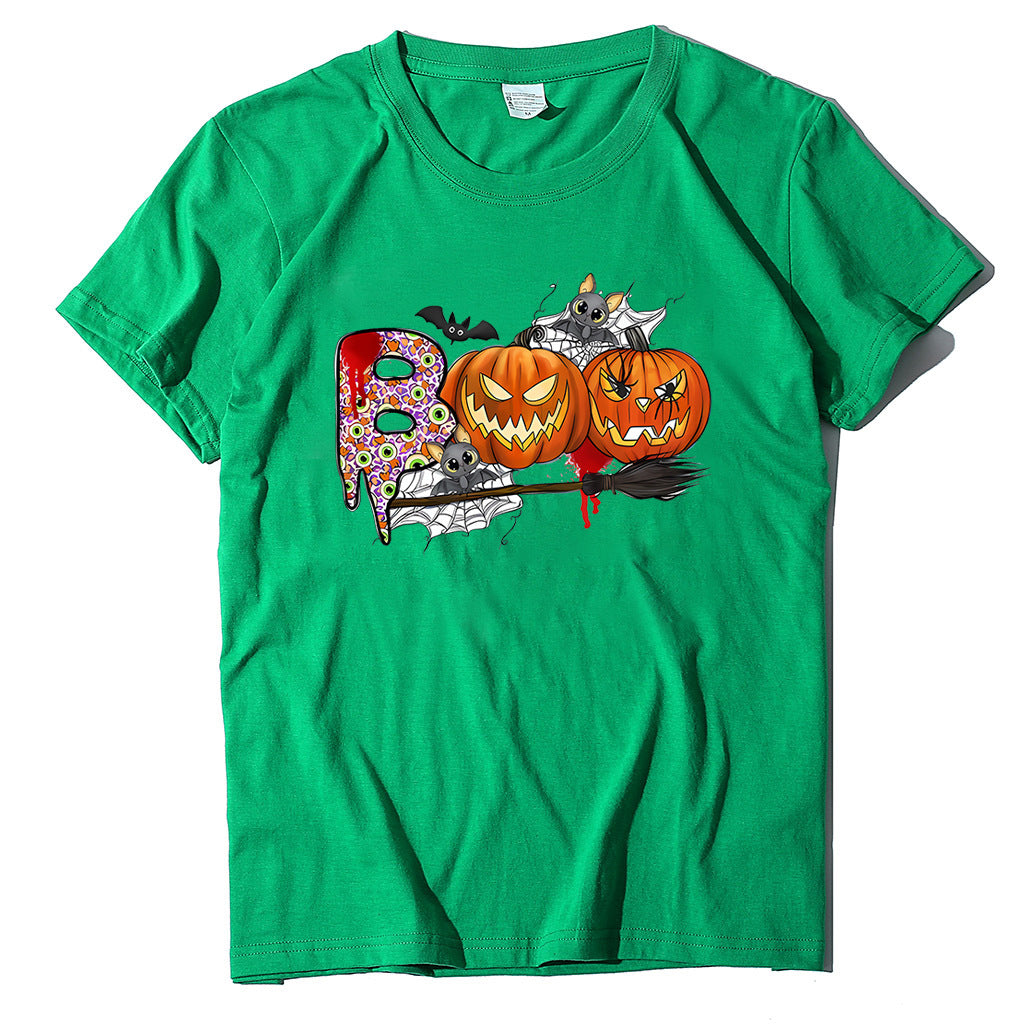 Cartoon Halloween Pumpkin Print Cross-Border Spring and Summer New Spot Multi-Color Cvc Pull-Up 180g Round Neck Short Sleeves