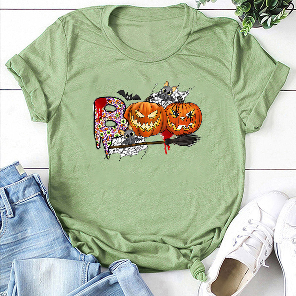 Cartoon Halloween Pumpkin Print Cross-Border Spring and Summer New Spot Multi-Color Cvc Pull-Up 180g Round Neck Short Sleeves